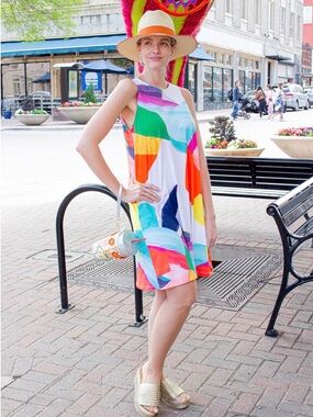 Clara Sunwoo Sunburst Petal Jewel Neck Swing Dress Jewel Neck Sleeveless Size L